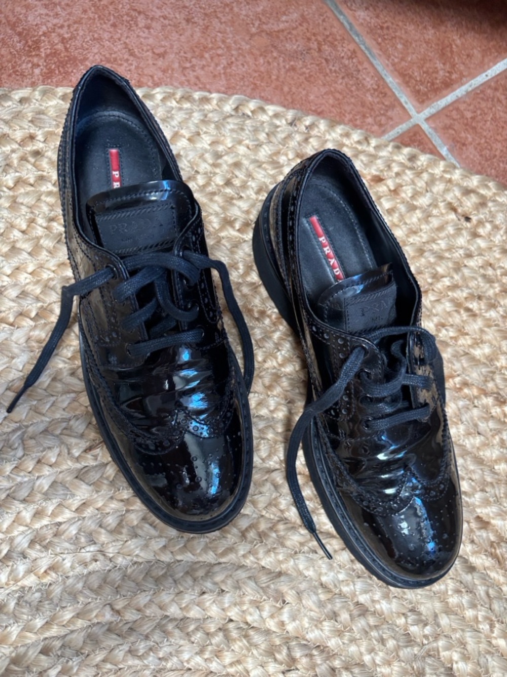 Prada Black Patent Leather Wingtip Oxfords/Brogues 39/9